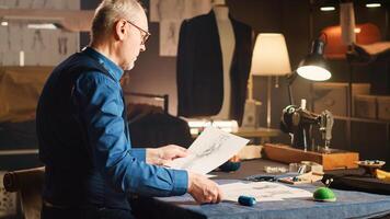 Senior tailor examining sketches with items and sewing tools, working on making clothes in luxury atelier. Professional old couturier using drawings and fabric to create designs. photo