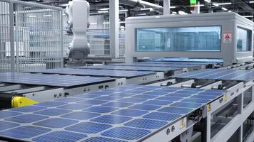 Robot arms in cutting edge solar panel warehouse handling photovoltaic modules on large assembly lines. Company manufacturing solar cells in renewable energy producing facility, 3D illustration photo