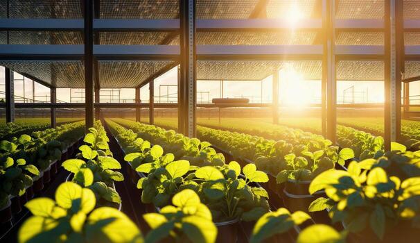 ai generado el luz de sol es transmisión mediante el ventanas de un invernadero lleno con un variedad de floración plantas, creando un hermosa natural paisaje dentro el edificio foto