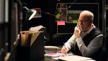 Police officer using landline phone in incident room, sharing important information about case suspect. Senior detective conducting clandestine operation with classified documents, forensic report. photo