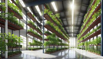 AI Generated The building houses a vast collection of terrestrial plants, creating a lush greenery that covers the flooring and fixtures inside the city structure photo