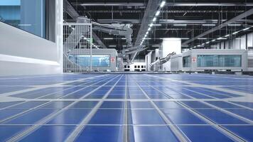 Focus on solar panels on conveyor belts with robotic arms operating in blurry background in factory, 3D illustration. PV cells being moved around facility using assembly lines, close up photo