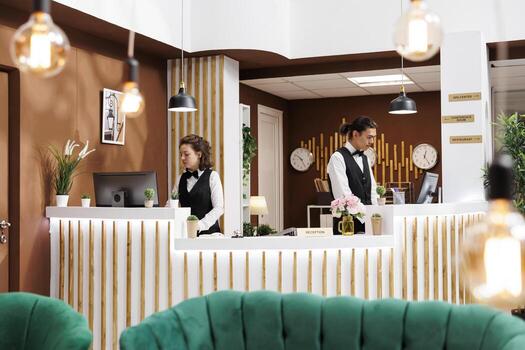 Professional employees checking reservations at front desk in hotel lobby to assist guests with check-in process. Two receptionists reviewing booking reservations waiting for arrival of visitors. photo