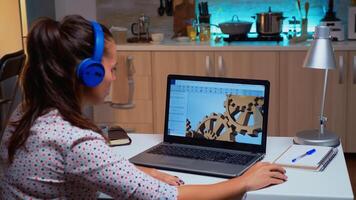 Design engineer working on a 3D component in CAD program on laptop from home. Industrial female employee studying prototype idea on personal computer showing cad software on device display photo