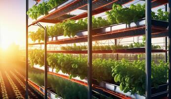 AI Generated A building with shelves filled with various plants creating a lush indoor landscape. The plants are thriving in their greenhouse environment photo