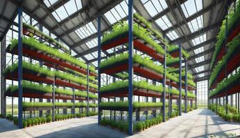AI Generated A building featuring an interior design filled with shelves displaying various plants. The urban design incorporates glass walls, a decorative facade, and a spacious ceiling photo