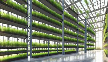 AI Generated A building facade covered with a mesh filled with terrestrial plants like grass and Arecales, creating a unique urban design photo