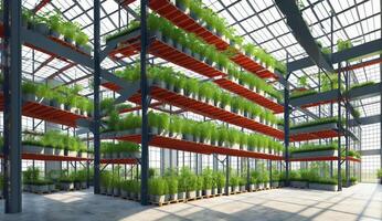 AI Generated A building with an urban design filled with a variety of terrestrial plants and trees, with red shelves adding a pop of color to the facade photo