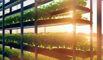 AI Generated The suns rays filter through the shelves of a plantfilled greenhouse, casting shadows on the wooden facade and creating a beautiful landscape of tints and shades photo
