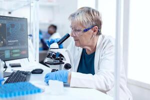 Senior scientist conducting scientific experiment with microscope. Elderly researcher carrying out scientific research in a sterile lab using a modern technology. photo