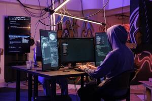 Hacker in hood using spyware to steal information from server while coding on computer with multiple screens. Man programming illegal malicious software in hideout place photo