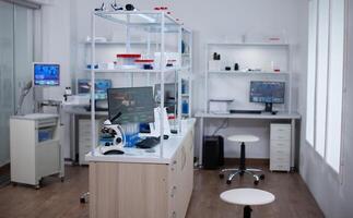 Interior of modern science laboratory with no people. Lab used for find a cure for dangerous virus. photo