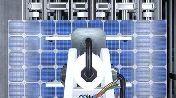 POV shot of industrial robot arm placing solar panel on assembly line in renewable energy based factory, 3D illustration. Heavy machinery unit placing solar cell on conveyor belts, close up shot photo