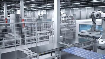 Solar panels being moved on conveyor belts during high tech production process in clean energy factory, 3D render. PV cells used to produce alternative electricity being placed on assembly lines photo