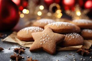 AI generated Homemade holiday cookies in the shape of stars with decor against a golden bokeh background. Generated by artificial intelligence photo