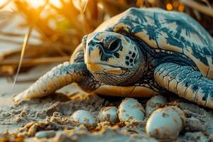 AI generated turtles hatch eggs on the beach . Generative AI photo