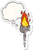 cartoon flaming chalice with thought bubble as a distressed worn sticker png