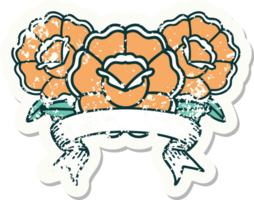 worn old sticker with banner of a bouquet of flowers png