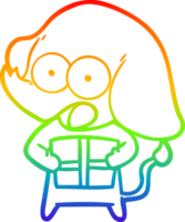 rainbow gradient line drawing of a cute cartoon elephant with christmas present png