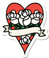adesivo de tatuagem em estilo tradicional de um coração e banner com flores png