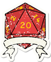 grunge sticker of a natural 20 critical hit D20 dice roll png