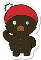 sticker van een tekenfilm golvend zwart teddy beer in winter hoed png