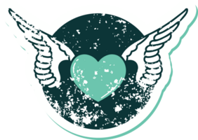 iconic distressed sticker tattoo style image of a heart with wings png