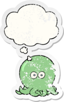 cartoon octopus with thought bubble as a distressed worn sticker png