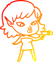 warm gradient line drawing of a pretty cartoon girl with ray gun png