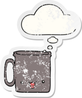 cartoon cup with thought bubble as a distressed worn sticker png