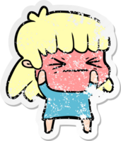 distressed sticker of a cartoon angry girl png