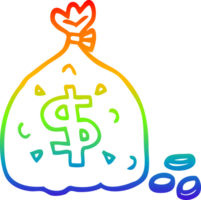 rainbow gradient line drawing of a cartoon bag of dollars png