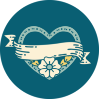 iconic tattoo style image of a heart and banner with flowers png