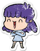 distressed sticker of a cartoon woman laughing png