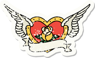 distressed sticker tattoo in traditional style of a flying heart with flowers and banner png