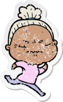 distressed sticker of a cartoon annoyed old lady png