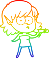 rainbow gradient line drawing of a cartoon elf girl with ray gun png