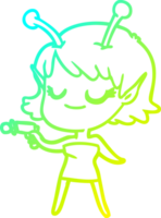 cold gradient line drawing of a smiling alien girl cartoon pointing ray gun png
