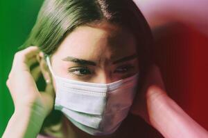 Young Italian woman wearing face surgical mask against corona virus - Fear girl quarantine for preventing pandemic corona virus spread - Mental health impact during covid-19 and anxiety people concept photo