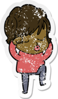 distressed sticker of a cartoon woman with eyes shut png