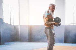 Fitness beard man doing biceps curl exercise  inside a gym - Tattoo senior man training with dumbbells in wellness club center - Body building and sport fit concept photo