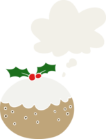 cartoon christmas pudding with thought bubble in retro style png