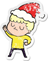 distressed sticker cartoon of a grumpy boy wearing santa hat png