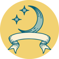ícone de estilo de tatuagem com banner de uma lua e estrelas png