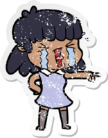 distressed sticker of a cartoon woman crying png