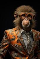 AI generated Macaque monkey dressed in a classy red suit, standing as a successful leader and a confident photo