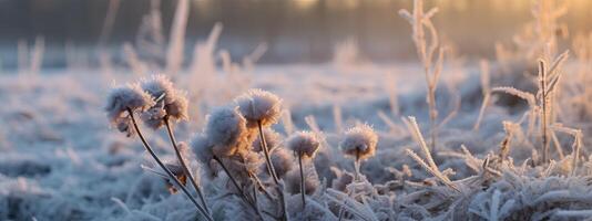 ai generado invierno temporada al aire libre paisaje, congelado plantas en naturaleza en el suelo cubierto con hielo y nieve, foto