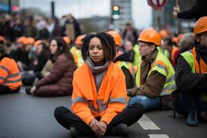 ai generado protesta activistas vistiendo Hola Vis amarillo naranja chaqueta sentar en un la carretera y bloquear tráfico, multitud de foto