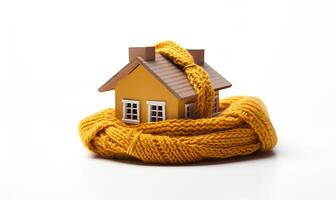 AI generated Small Figure of house with knitted scarf on white, symbol for heating system or cold snowy winter. photo