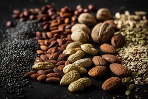 AI generated Nuts background with copy of space. Generated by AI photo